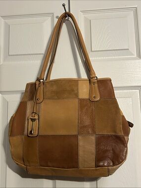 Vintage Fossil Patchwork Leather Shoulder Bag in Tan and Brown